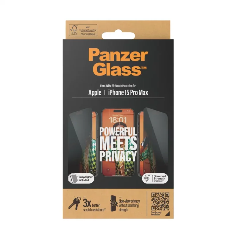 PANZERGLASS Ochranné sklo 2.5D FULL-COVER 0.4mm pro iPhone 15 Pro Max, montážní rámeček, Privacy