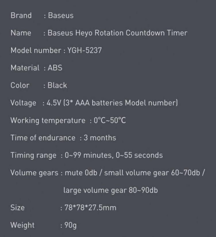 BASEUS ACDJS-01 Heyo Rotation Countdown Timer - kuchyňská minutka, černá