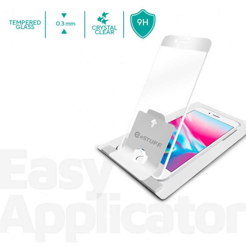 ESTUFF Easy Applicator Ochranné sklo 3D FULL-COVER 0.3mm pro iPhone 7/8/SE20/SE22, montážní rámeček, bílé