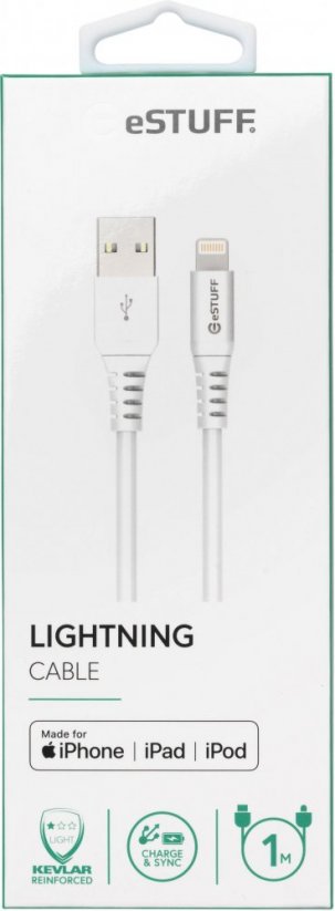ESTUFF Prémiový datový a nabíjecí kabel USB/Lightning MFi, 1m, bílý