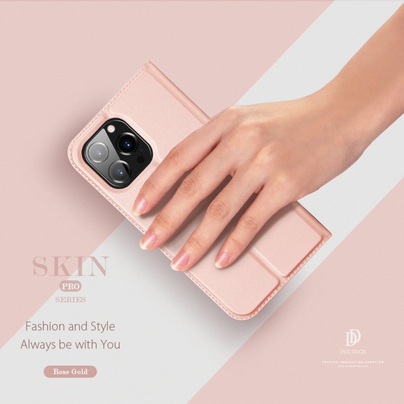 DUX DUCIS SkinPro kryt typu kniha pro iPhone 14 Pro, růžovo-zlatý