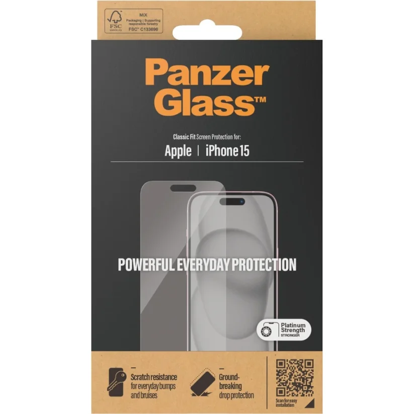 PANZERGLASS Ochranné sklo 2.5D STANDARD 0.4mm pro iPhone 15, Classic Fit, čiré