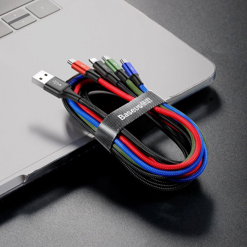 BASEUS CA1T4-A01 Opletený nabíjecí a datový kabel 4v1 (2x Lightning/USB-C/microUSB), 1,2 m, černý