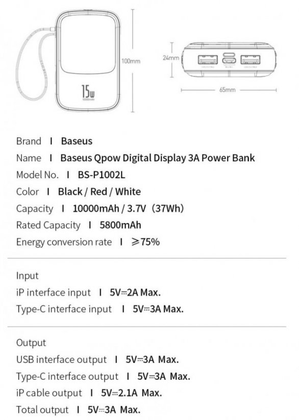 BASEUS PPQD-B01 Qpow Powerbanka 10.000mAh s výkonem 15W a integrovaným Lightning kabelem, černá