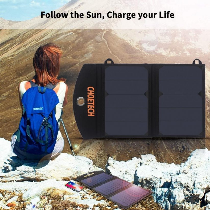 CHOETECH SC001 Solární (fotovoltaická) nabíječka s 2x USB a výkonem 19W, černá