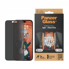 PANZERGLASS Ochranné sklo 2.5D FULL-COVER 0.4mm pro iPhone 15 Plus, montážní rámeček, Privacy