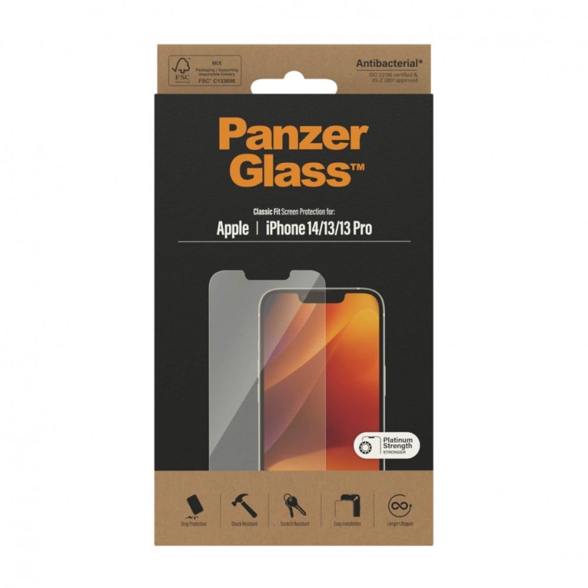 PANZERGLASS Ochranné sklo 2.5D STANDARD 0.4mm pro iPhone 13/13 Pro/14, AntiBacterial, čiré