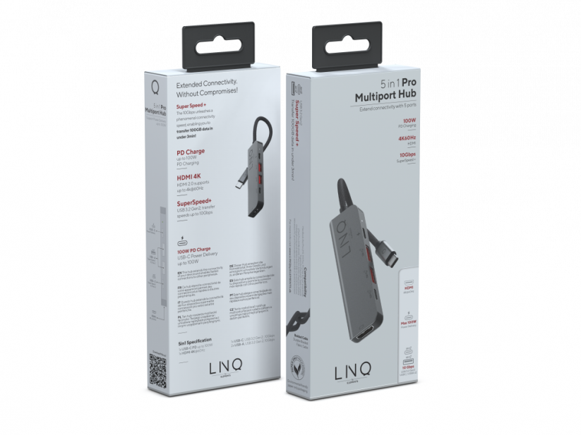 LINQ LQ48014 Pro Multiport USB-C hub 5v1 (HDMI, 2x USB-C, 2x USB), PD až 100W, Space Grey