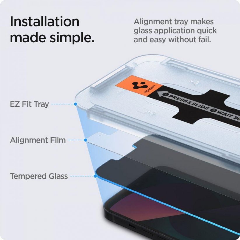 SPIGEN EZ FIT Ochranné sklo 2.5D STANDARD 0.3mm pro iPhone 13 Mini, montážní rámeček, Privacy, 2ks