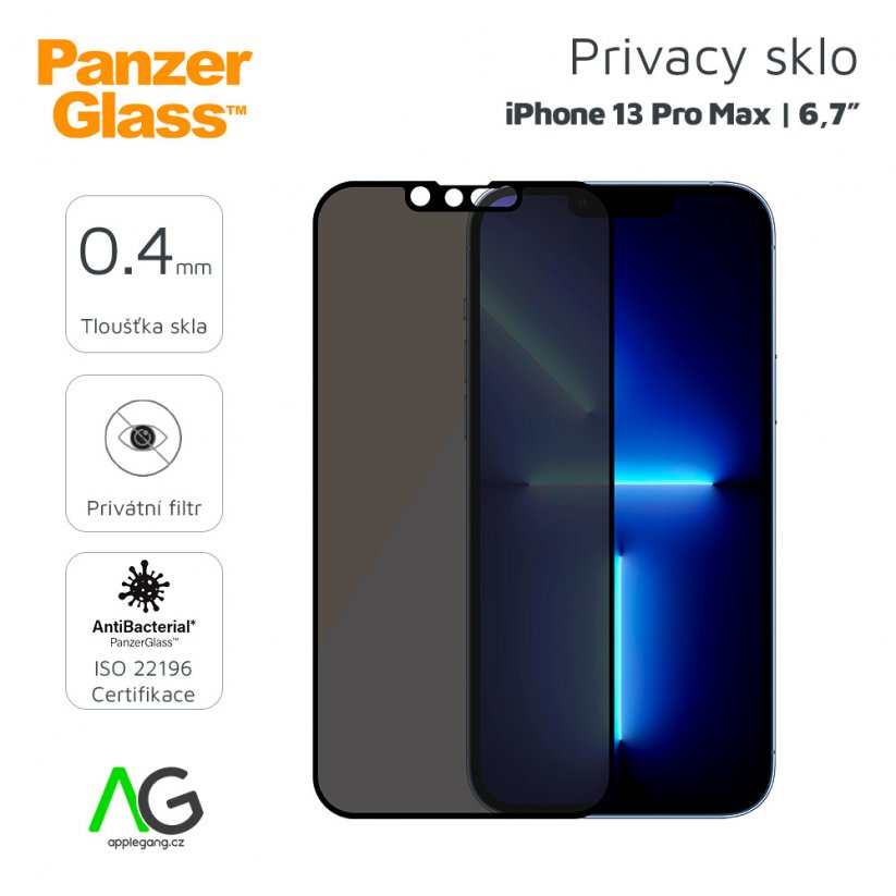 PANZERGLASS Ochranné sklo 2.5D FULL-COVER 0.4mm pro iPhone 13 Pro Max, AntiBacterial, Privacy, černý rámeček