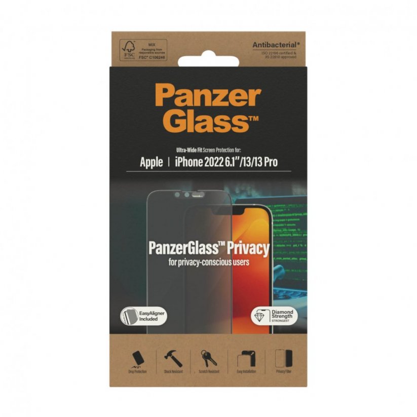 PANZERGLASS Ochranné sklo 2.5D FULL-COVER 0.4mm pro iPhone 13/13 Pro/14, montážní rámeček, Privacy