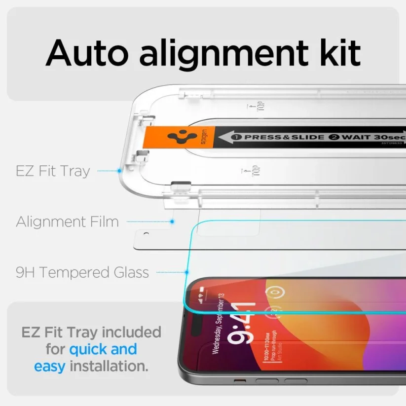 SPIGEN EZ Fit Ochranné sklo 2.5D FULL-COVER 0.3mm pro iPhone 15 Pro, montážní rámeček, 2ks
