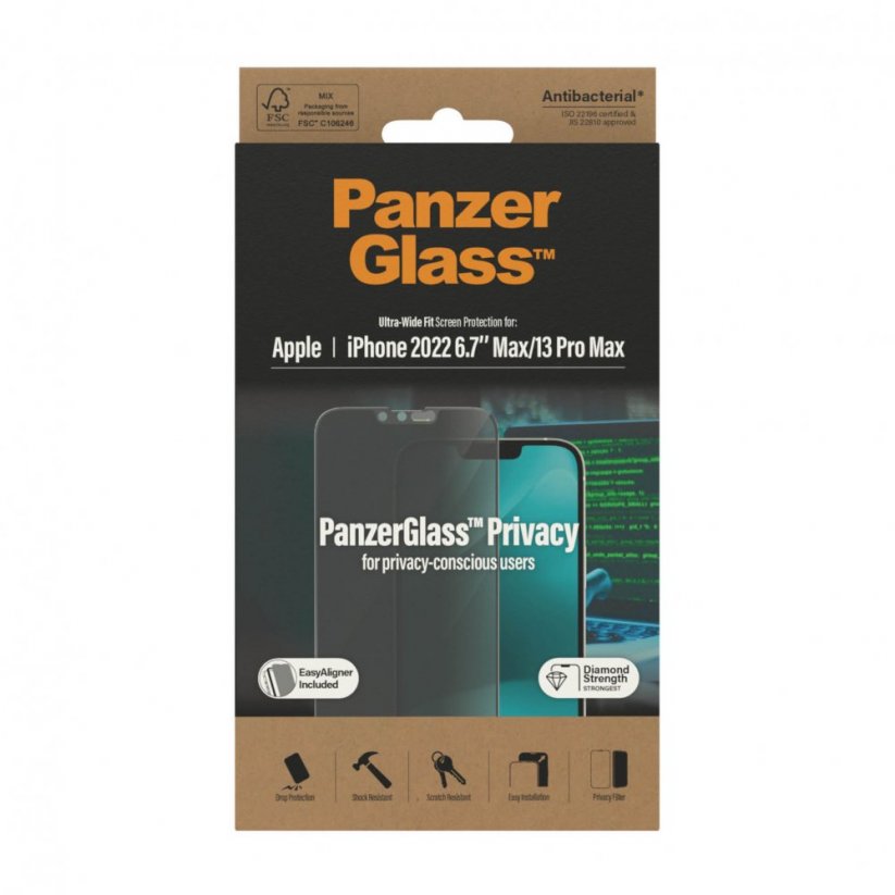 PANZERGLASS Ochranné sklo 2.5D FULL-COVER 0.4mm pro iPhone 13 Pro Max/14 Plus, montážní rámeček, Privacy