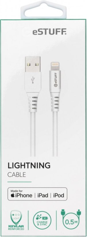 ESTUFF Prémiový datový a nabíjecí kabel USB/Lightning MFi, 0,5m, bílý