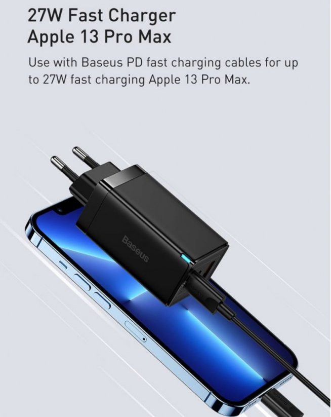 BASEUS CCGP050101 GaN3 Pro Tříportová nabíječka USB + 2x USB-C PD 65W a USB-C kabel, černá