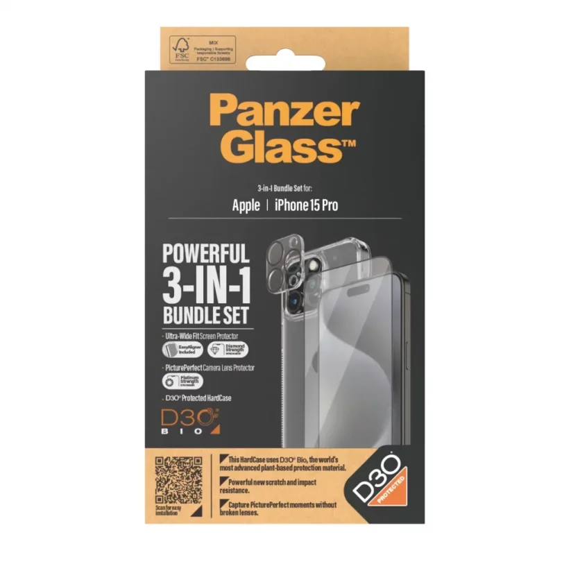 PANZERGLASS 3v1 Bundle (kryt, ochranné sklo, ochrana čočky) pro iPhone 15 Pro, čiré