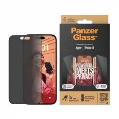 PANZERGLASS Ochranné sklo 2.5D FULL-COVER 0.4mm pro iPhone 15, montážní rámeček, Privacy