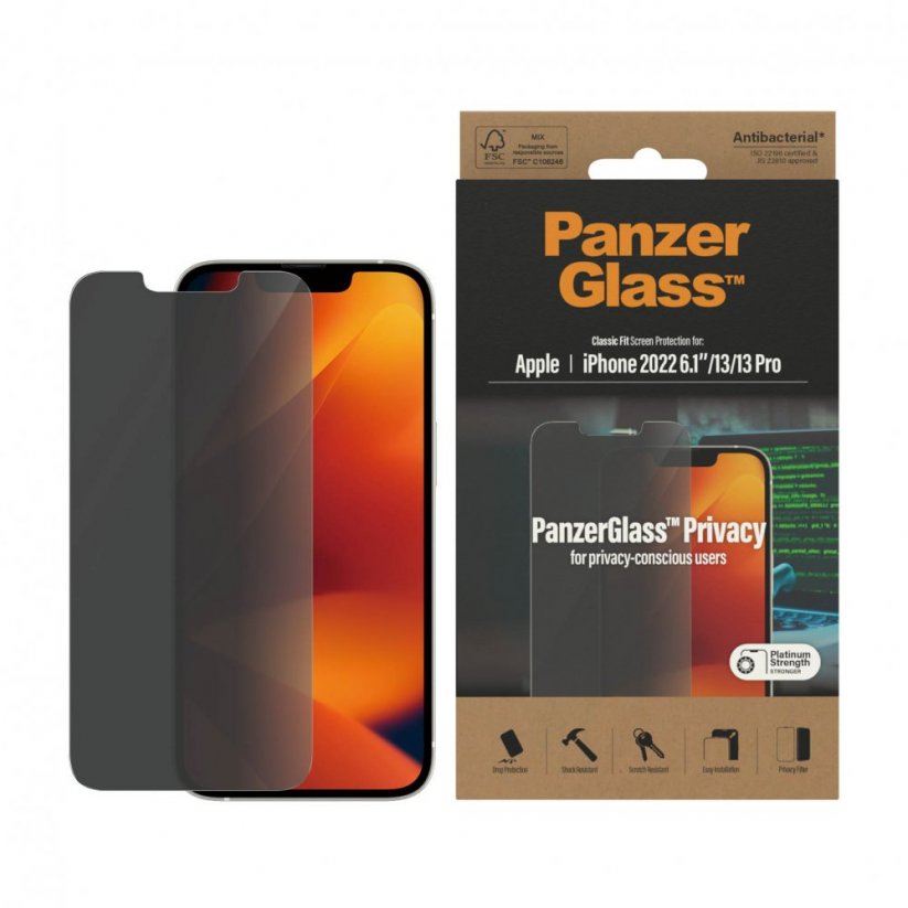 PANZERGLASS Ochranné sklo 2.5D STANDARD 0.4mm pro iPhone 13/13 Pro/14, AntiBacterial, Privacy
