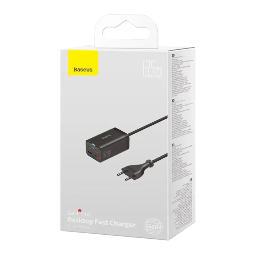 Baseus GaN3 Pro GaN rychlonabíječka 2 x USB typu C / 2 x USB 65W PD, QC4.0+, AFC, PPS + USB typu C - kabel USB typu C 1m černý (CCGP040101)