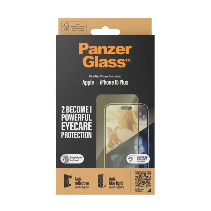 PANZERGLASS Ochranné sklo 2.5D FULL-COVER 0.4mm pro iPhone 15 Plus, EyeCare, černý rámeček