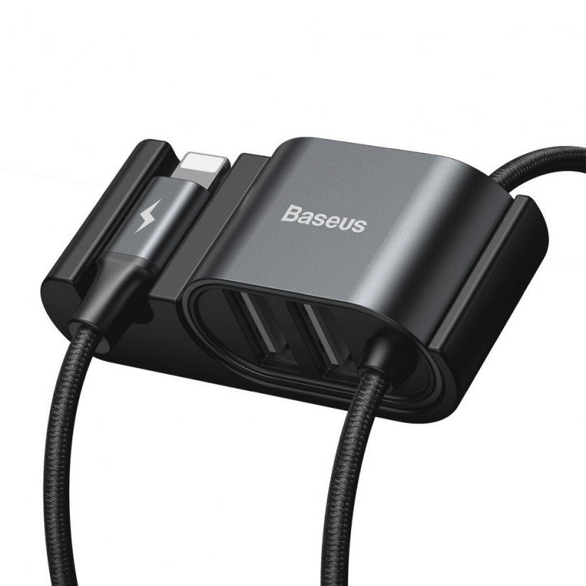 BASEUS CALHZ-01 Dvouportový USB Hub s Lightning kabelem 1,5m pro zadní sedadla automobilu, černý