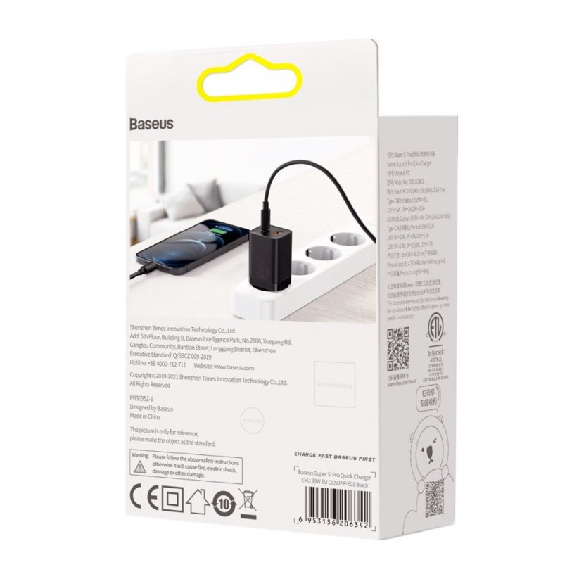 BASEUS CCSUPP-E01 Super Si nabíječka USB-C PD a USB s výkonem 30W, černá