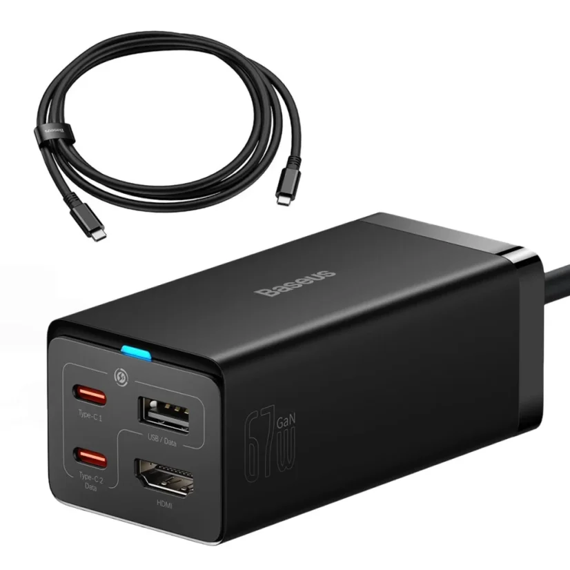 GaN5 Baseus CCGP110201 HUB HDMI nabíječka 2x USB-C / USB-A / HDMI 4K 30Hz 1,5m - černá + USB-C - USB-C 100W kabel 1m