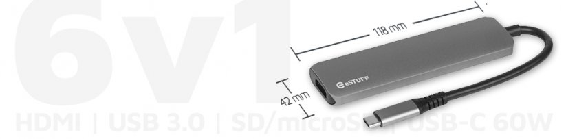 ESTUFF ES624601 Slim USB-C hub 6v1 (HDMI, 2x USB, USB-C, audio, SD/MicroSD), Space Grey