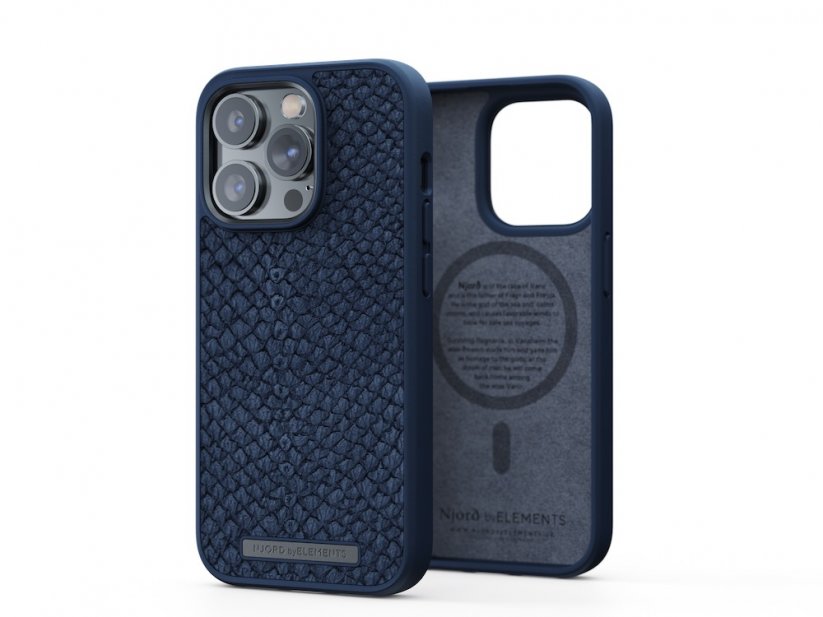 NJORD Salmon Leather MagSafe Odolný kryt z lososí kůže pro iPhone 14 Pro, tmavě modrý