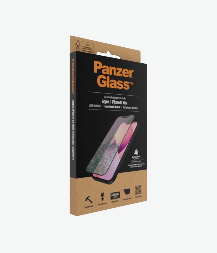 PANZERGLASS Ochranné sklo 2.5D FULL-COVER 0.4mm pro iPhone 13 Mini, AntiBacterial, AntiBlue, černý rámeček
