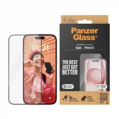 PANZERGLASS Ochranné sklo 2.5D FULL-COVER 0.4mm pro iPhone 15, montážní rámeček