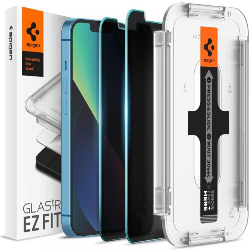 SPIGEN EZ FIT Ochranné sklo 2.5D STANDARD 0.3mm pro iPhone 13/13 Pro/14, montážní rámeček, Privacy, 2ks