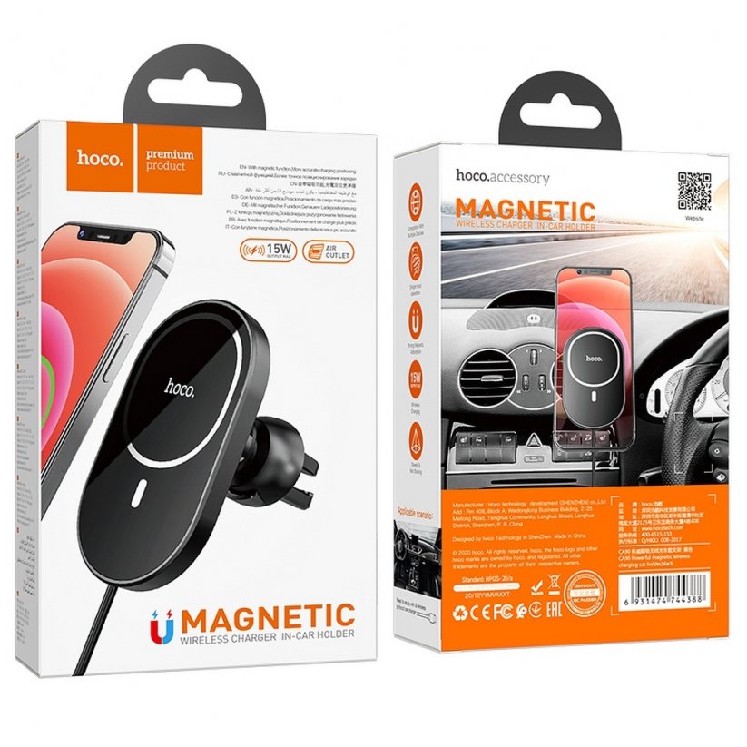 HOCO CA90 Magnetický (MagSafe) držák telefonu s bezdrátovým nabíjením 15W, černý