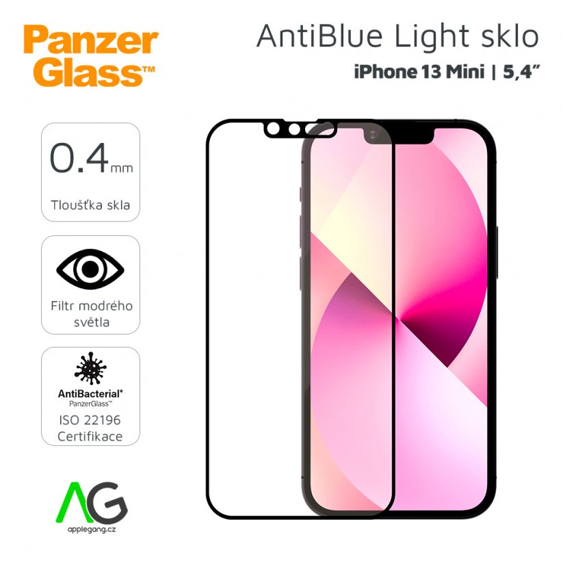 PANZERGLASS Ochranné sklo 2.5D FULL-COVER 0.4mm pro iPhone 13 Mini, AntiBacterial, AntiBlue, černý rámeček