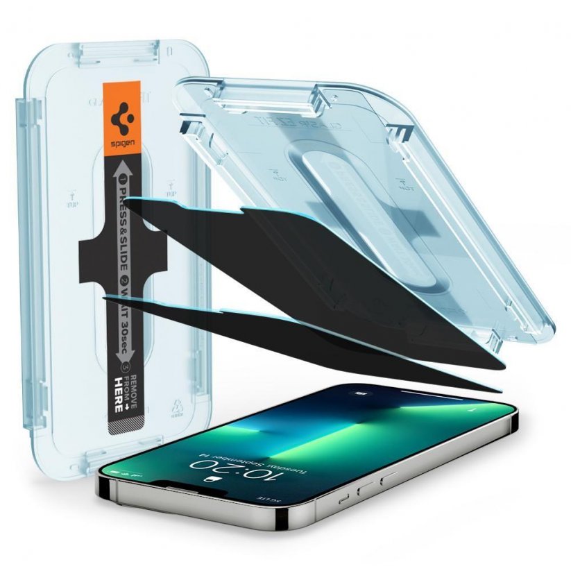 SPIGEN EZ FIT Ochranné sklo 2.5D STANDARD 0.3mm pro iPhone 13 Pro Max/14 Plus, montážní rámeček, Privacy, 2ks