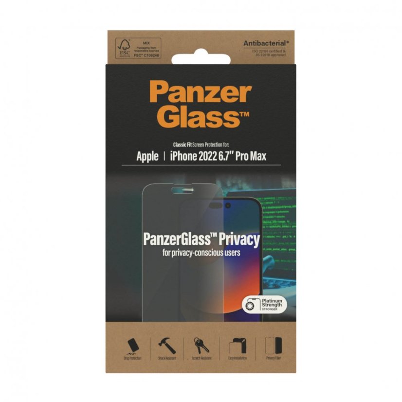 PANZERGLASS Ochranné sklo 2.5D STANDARD 0.4mm pro iPhone 14 Pro Max, AntiBacterial, Privacy