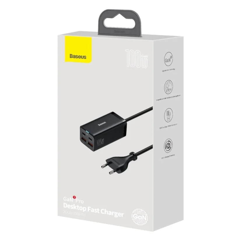 Baseus GaN3 Pro rychlá univerzální nabíječka GaN 2 x USB typu C / 2x USB 100W PD3.0, QC4.0+, AFC černá (CCGP000101)