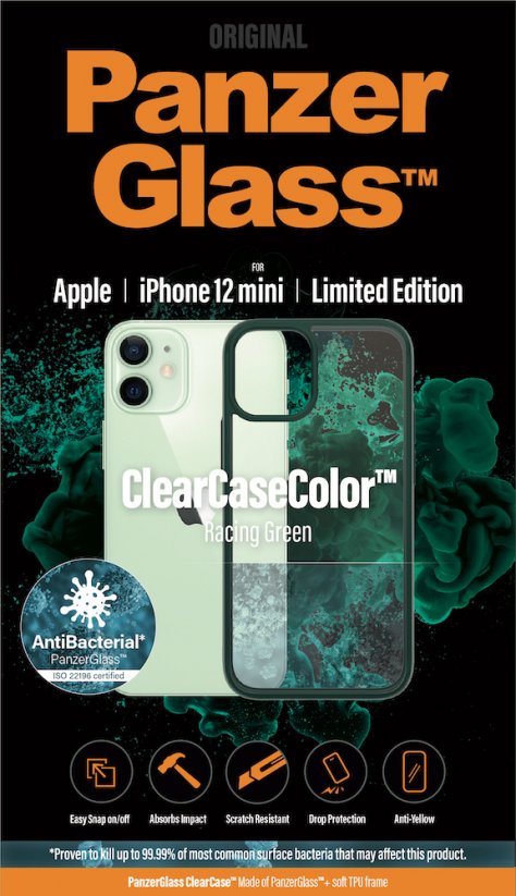 PANZERGLASS ClearCaseColor AntiBacterial kryt pro iPhone 12 Mini, zelená/čirá (Racing Green)