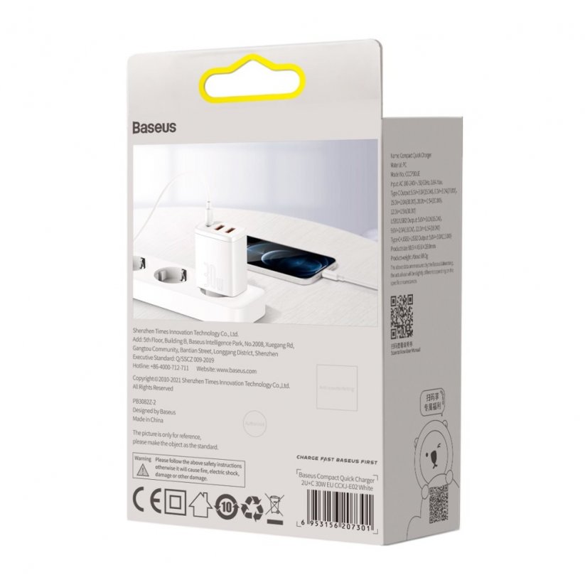 BASEUS CCXJ-E02 Nabíječka 2x USB a USB-C PD s výkonem 30W, bílá