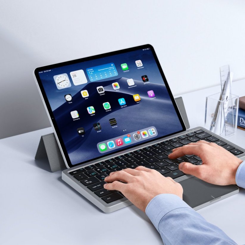 DUX DUCIS Bezdrátová klávesnice s touchpadem a stojánkem na tablet, QWERTY, černá
