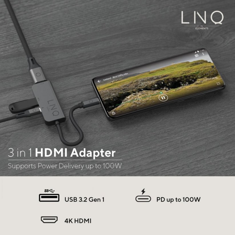 LINQ LQ48000 Profesionální USB-C/HDMI adaptér 3v1 s Power Delivery 100W a USB3.2, Space Grey