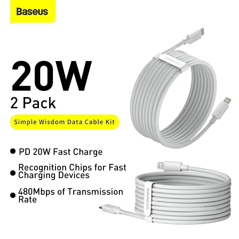 BASEUS TZCATLZJ-02 Simple Wisdom kabel USB-C/Lightning PD 20W, 1,5m, bílý, 2-pack