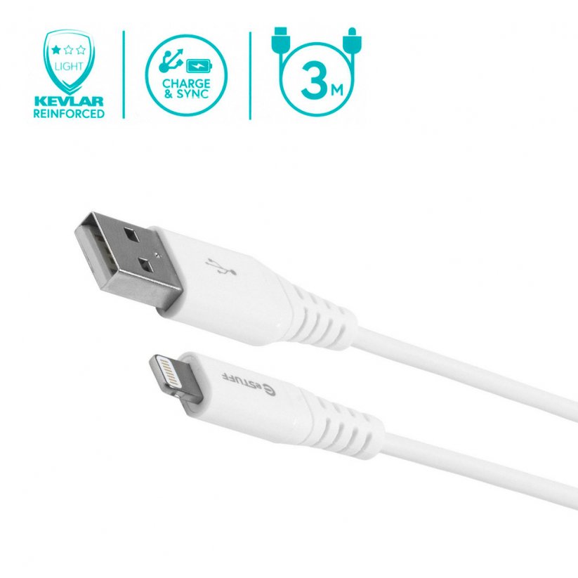 ESTUFF Prémiový datový a nabíjecí kabel USB/Lightning MFi, 3m, bílý