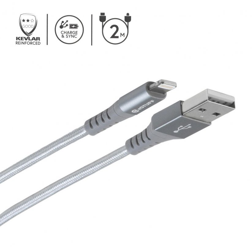 ESTUFF ES601255 Opletený datový a nabíjecí kabel USB/Lightning MFi, 2m, šedý