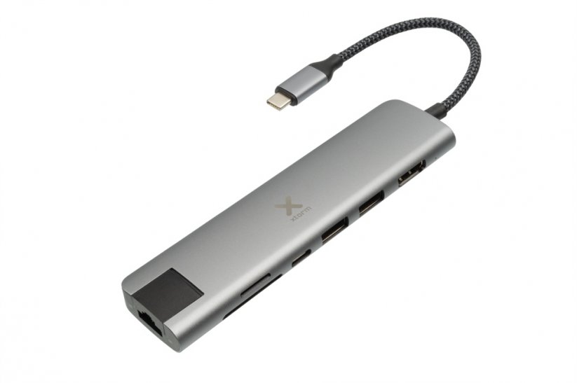 XTORM Worx XWH07 USB-C Hub 7v1 (HDMI, USB-C, RJ45, SD/microSD, 2x USB), opletený kabel, Space Grey