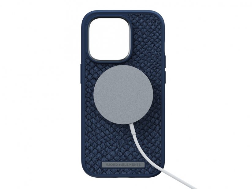 NJORD Salmon Leather MagSafe Odolný kryt z lososí kůže pro iPhone 14 Pro, tmavě modrý