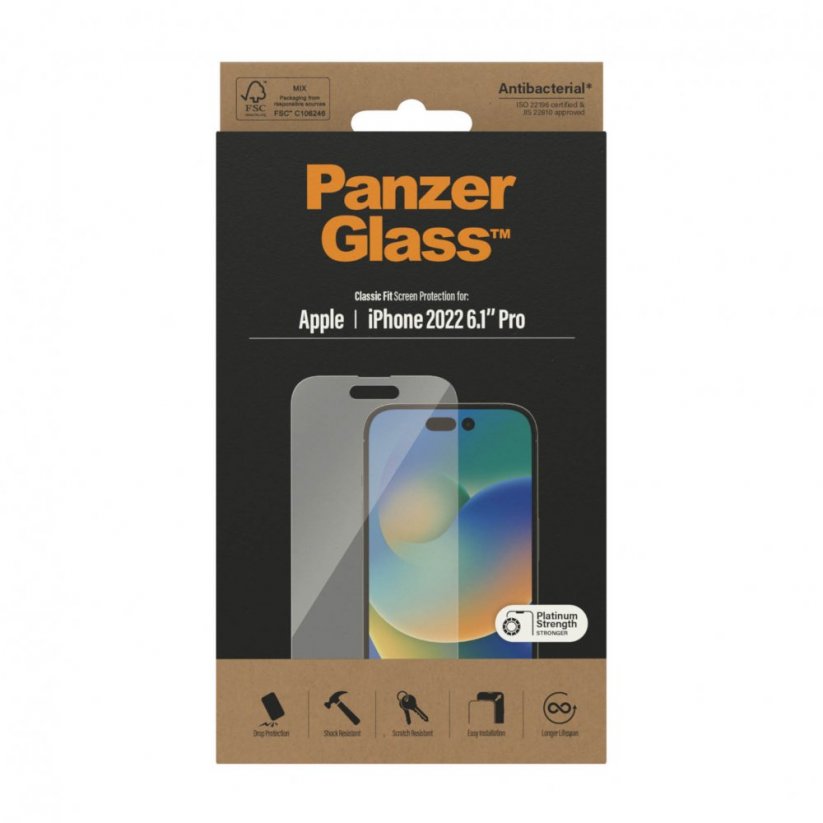 PANZERGLASS Ochranné sklo 2.5D STANDARD 0.4mm pro iPhone 14 Pro, AntiBacterial, čiré