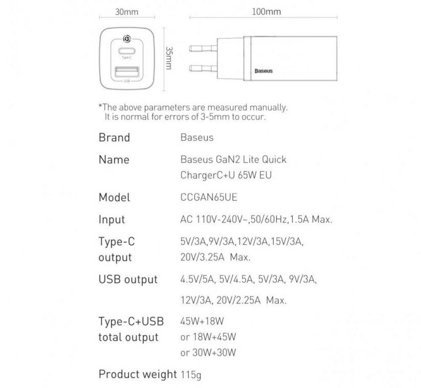 BASEUS CCGAN2L-B01 GaN2 Lite Dvouportová nabíječka USB + USB-C PD 65W, černá