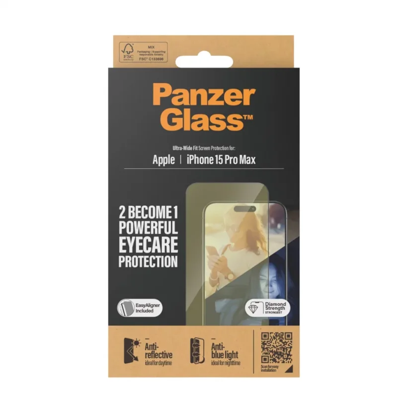 PANZERGLASS Ochranné sklo 2.5D FULL-COVER 0.4mm pro iPhone 15 Pro Max, EyeCare, černý rámeček