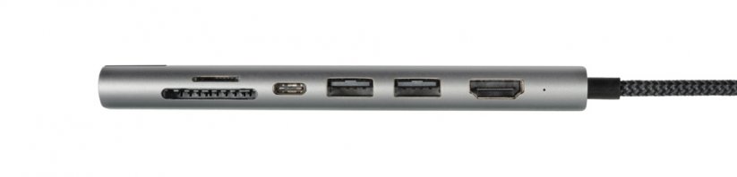 XTORM Worx XWH07 USB-C Hub 7v1 (HDMI, USB-C, RJ45, SD/microSD, 2x USB), opletený kabel, Space Grey